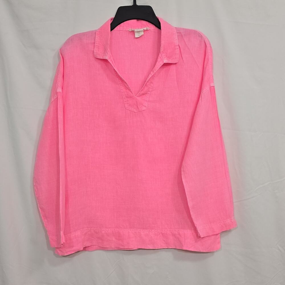 C&C California Womens M Pink Solid Linen Collared Pullover Long Sleeve Blouse